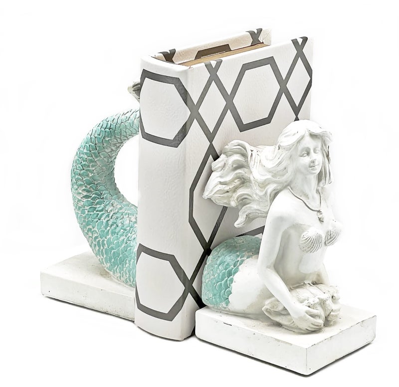 Bellaa 22975 Decorative Bookend Mermaid Antique Farmhouse Sailor Sea Nautical Coastal Fish Boho Beach Decor Retro Vintage Book Ends Distressed White Turquoise 9 Inch - Image 1
